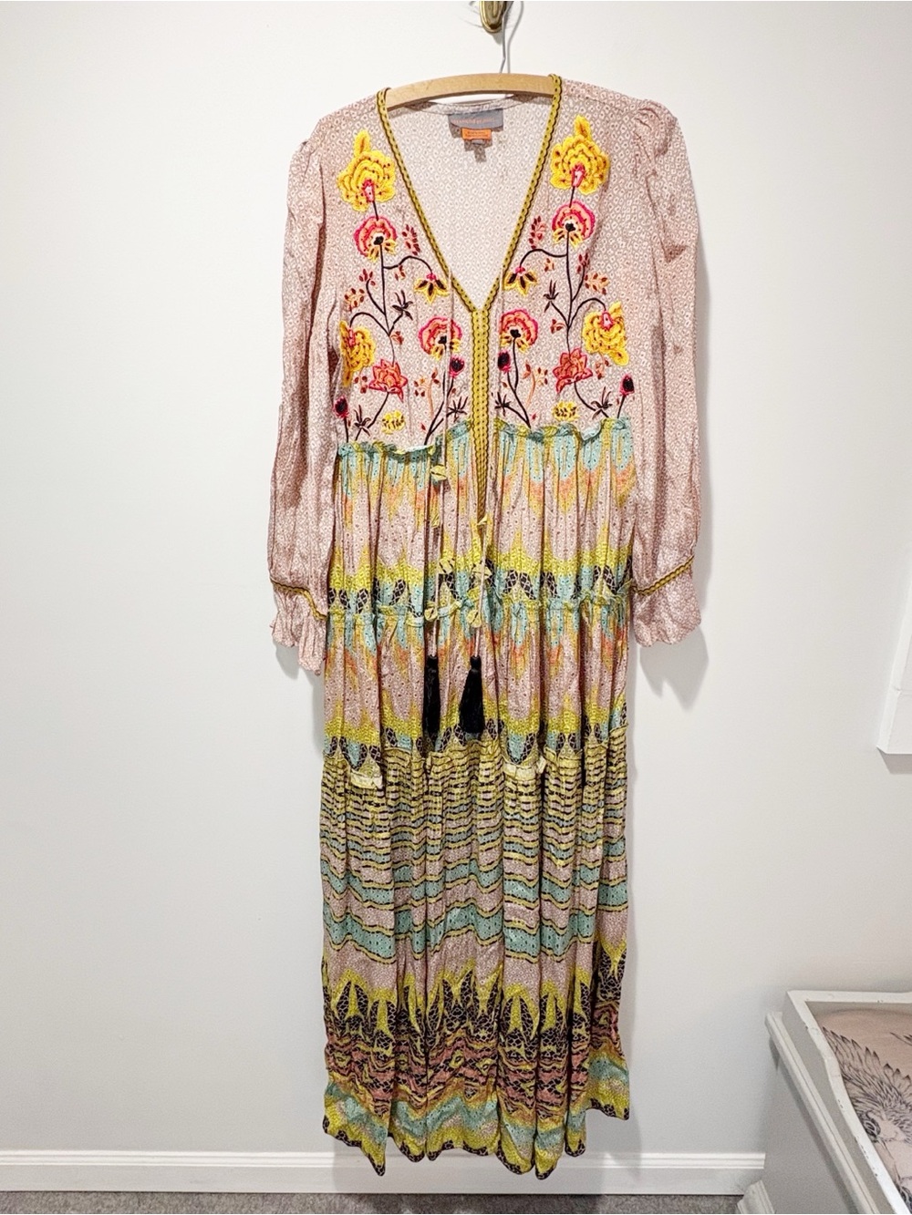 Anthropologie Bhanuni by Jyoti Giorgia Embroidered Maxi Dress Size 4 Tassels - Picture 3 of 16